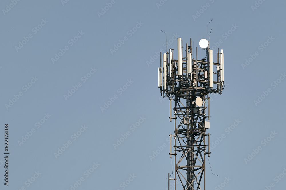 Antenna communication technology. Telecommunication 5G and LTE. The communication tower connects to data. Digital Transformation Internet of Things Antenna communication technology. Telecommunication 5G and LTE. The communication tower connects to data. Digital Transformation Internet of Things