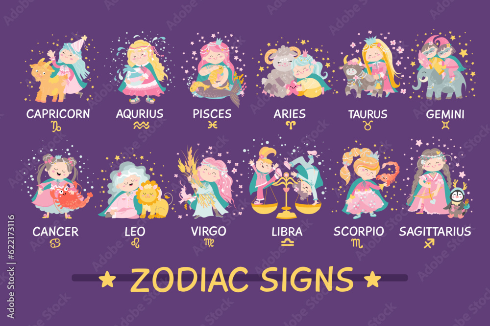 Fototapeta premium Cute signs zodiac flat style. Adorable characters with lettering.