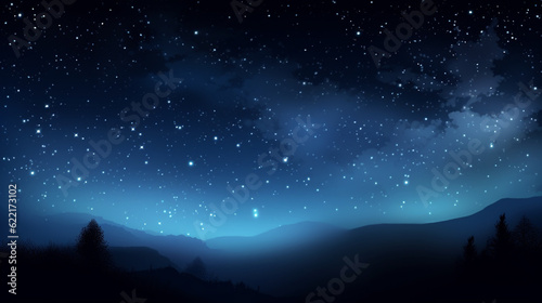 Blue dark night sky with many stars above field of trees. Generative Ai.
