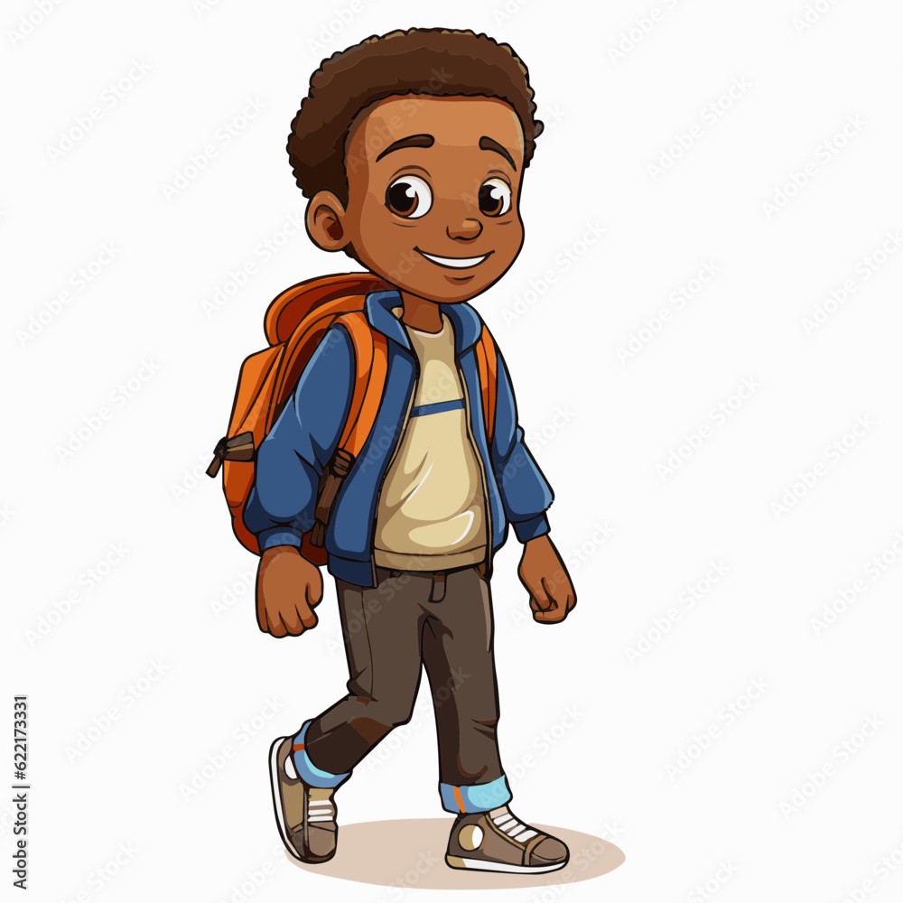 simple cartoon clipart black african american boy student child going to school white background simple cartoon clipart black african american boy student child going to school white background