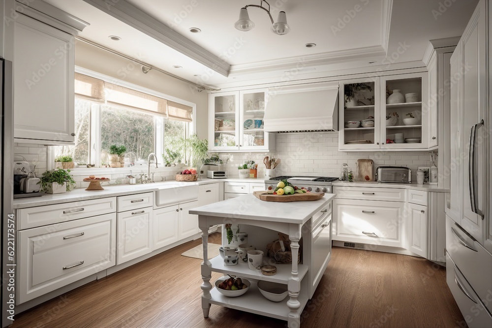 Fototapeta premium Modern and simple kitchen interior, suitable for catalog cover photos in magazines or advertisements. Generative AI