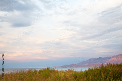 beautiful mountain landscape and lake at sunset