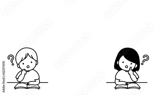 授業で考えている男の子と女の子　白黒 © omochi