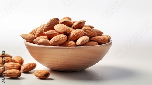 almonds in a bowl on a white background, created by Generative AI