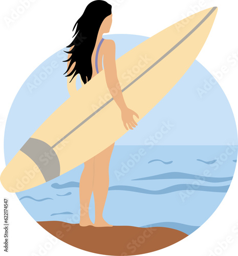 Hand drawn illustration of sexy girl with surfing board. Surfing club logo. Water extreme sport, Travelling, summer vacation concept, tourism, summer holiday, healthy lifestyle.