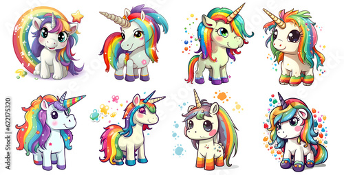 set of cute unicorns Clipart Sticker isolated on Background, generated ai