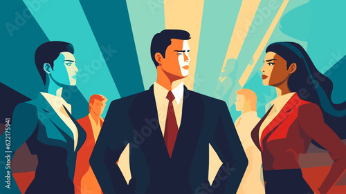 Vector illustration of business man and woman standing, posing, business people.