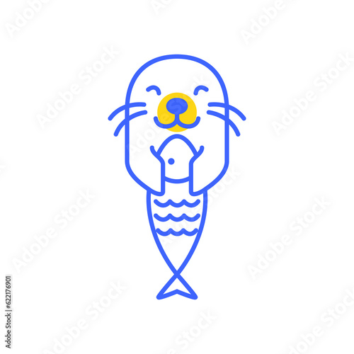 seal pup catching fish cute mascot cartoon minimal abstract modern simple logo icon vector illustration