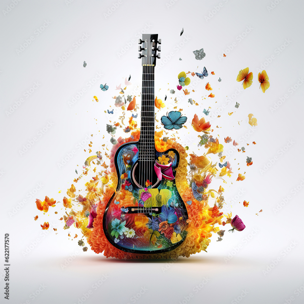 ai generated Illustration abstract Colorful flower guitar design with background