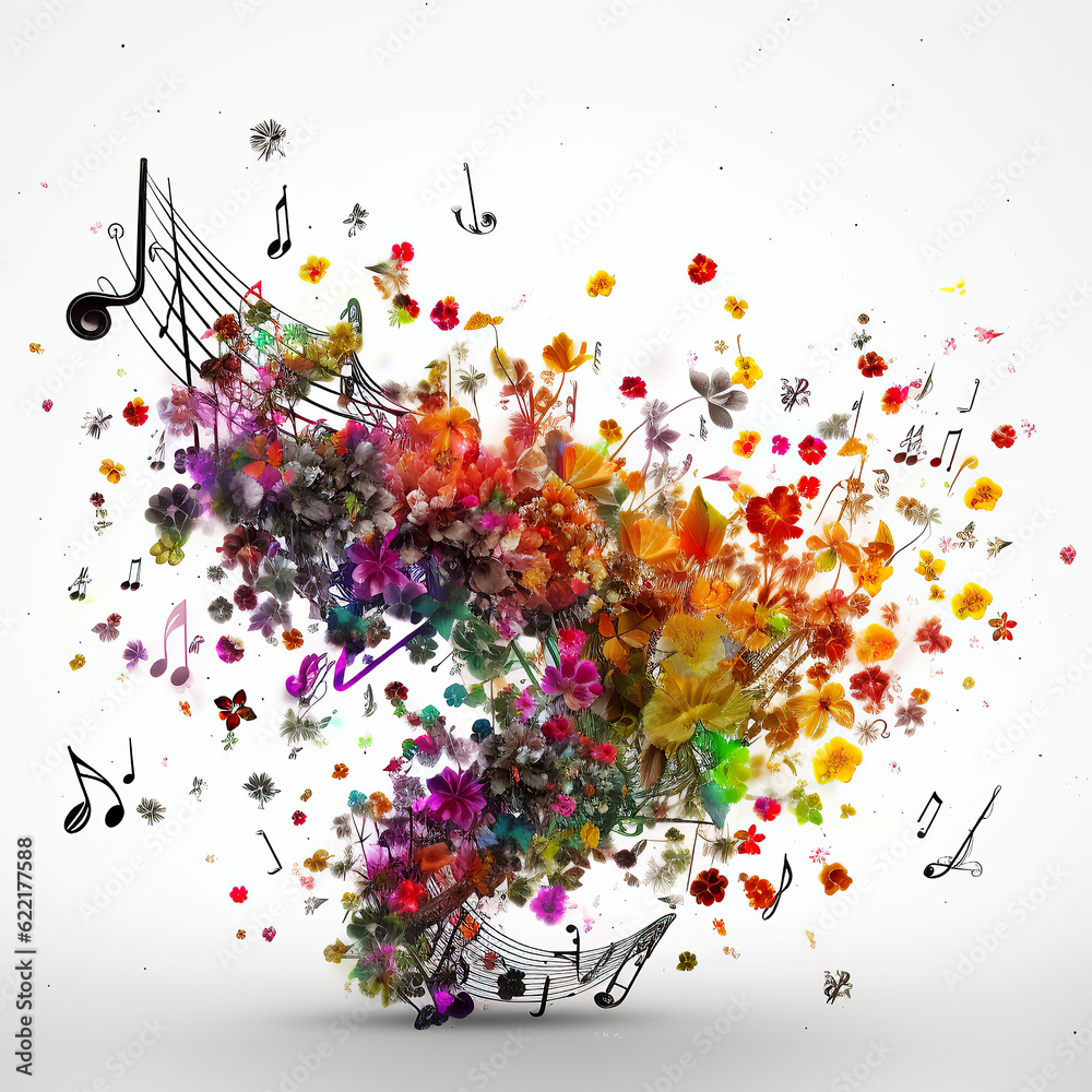 ai generated Illustration abstract Colorful flowerwith note, Musical background with flowers