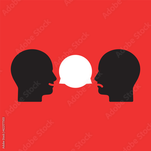 complicated conversation between two people. concept of hard communication with person and angry insult or difficult debate. flat cartoon style trend graphic art design isolated on red background