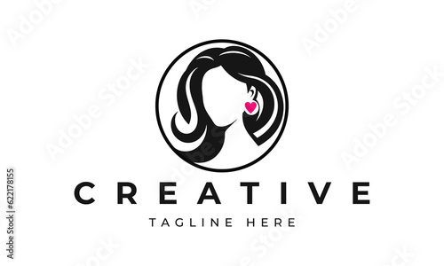 Illustration of women's hairstyle icon, logo with women's face. Vector beauty concept.