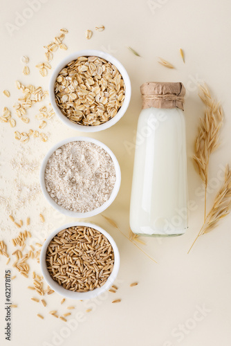 Oat ingredients from dry flakes, flour, whole grains and non dairy alternative milk top view. Healthy and organic dietary and vegetarian food. photo