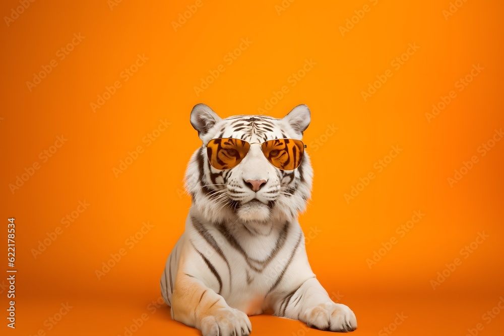 Portrait of a Fat White Bengal tiger wearing Orange sunglasses on an orange background