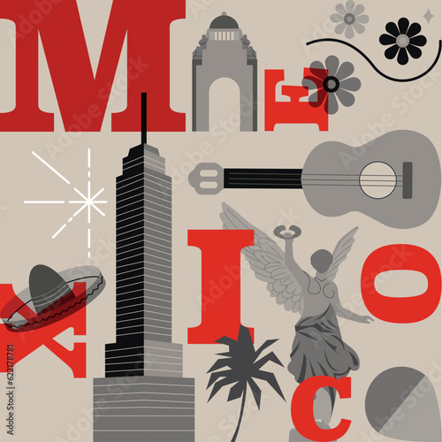Mexico City culture travel set, famous architectures and specialties in flat design. Business Mexican tourism concept clipart. Image for presentation, banner, website, advert, flyer, roadmap, icons