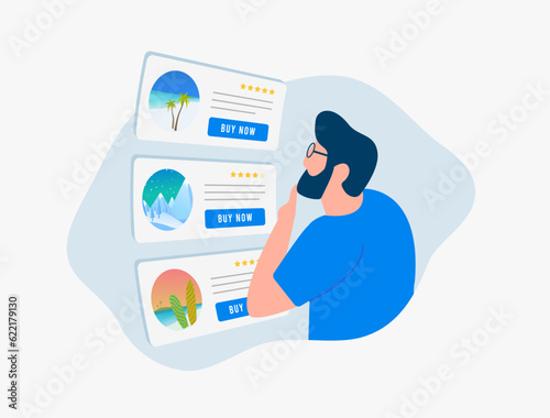 Travel experience - explore online tour booking agency. Find exciting vacation tours and book effortlessly. Discover last-minute deals and plan travel with ease. Illustration of man browsing options