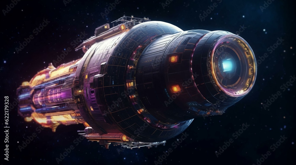 Spaceship shuttle a futuristic high-tech star cruiser flies in open space on a black background of the universe and stars. AI generated Spaceship shuttle a futuristic high-tech star cruiser flies in open space on a black background of the universe and stars. AI generated