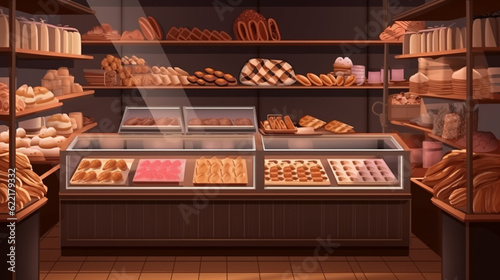 Bakery showcase with delicious fresh pastries, buns, bread, long loaf and cakes. Perarni or coffee shop counter with appetizing goods laid out. AI generated