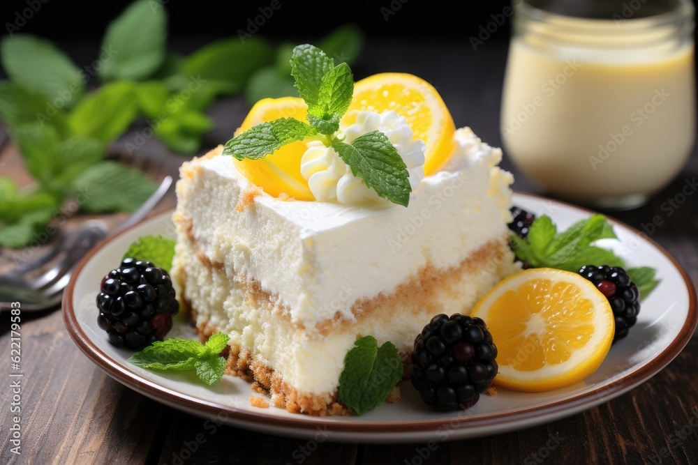 lemon and berry cheesecake on a white plate decorated with mint leaves. lemon and berry cheesecake on a white plate decorated with mint leaves.