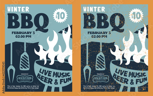 Winter Bbq Vector Christmas Party Poster Retro Vintage Grunge Hand Drawn Template