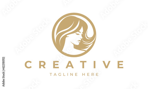 Illustration of women's hairstyle icon, logo with women's face. Vector beauty concept.