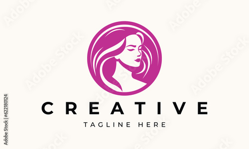 Illustration of women's hairstyle icon, logo with women's face. Vector beauty concept.