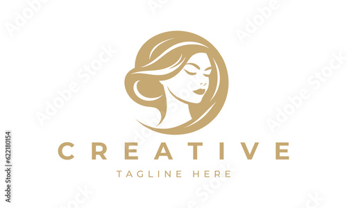 Illustration of women's hairstyle icon, logo with women's face. Vector beauty concept.