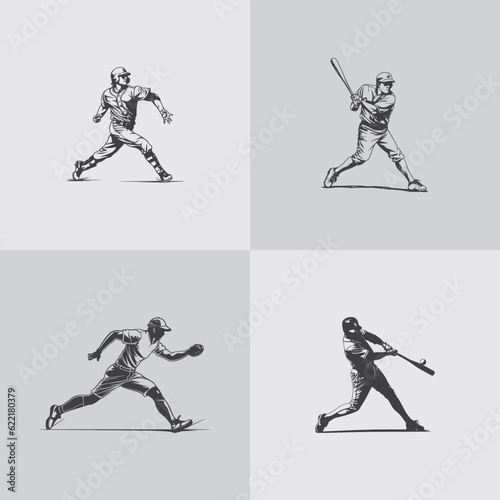 baseball player silhouette softball sports game vector set design