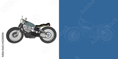 Retro tracker classic motorcycle wireframe blueprint vector illustration 