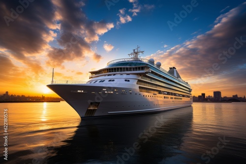  Luxury Cruise Ship Sailing To Port On Sunset, Generative AI