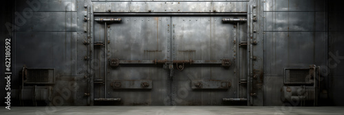 Shutters, gates, steel doors, loading section, garage view. locking mechanism. Grey. wide format. hand edited generative AI. 