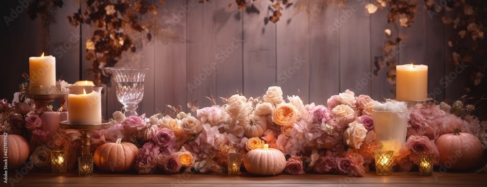 pumpkins with flowers and burning candles