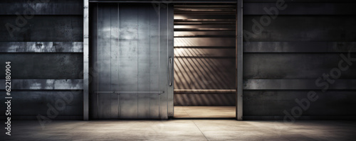 Shutters, gates, steel doors, loading section, garage view. locking mechanism. silver. wide format. hand edited generative AI. 
