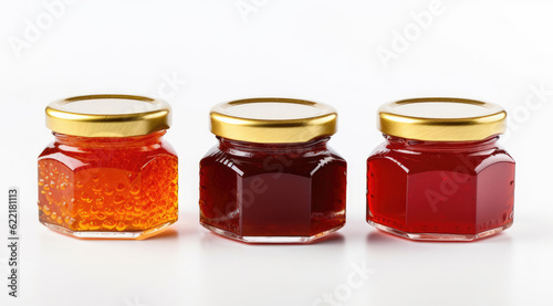 Jars with jam and honey on a white background