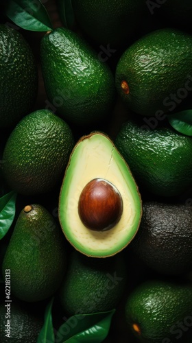 a bunch of green avocados on a wooden table, created by Generative AI