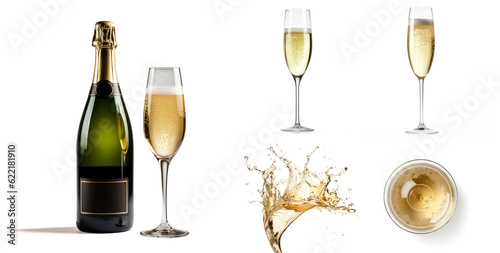 Set of prosecco champagne with bottle, glass side view and top view, splashes and drops  isolated on white background photo