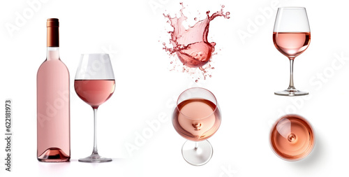 Fototapeta Naklejka Na Ścianę i Meble -  Set of rose pink wine with bottle, glass side view and top view, splashes and drops  isolated on white background