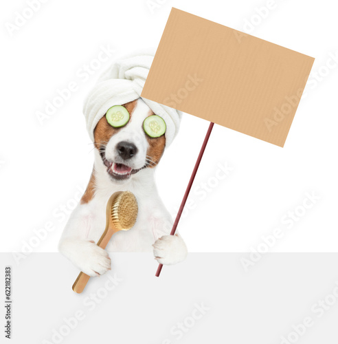 Funny jack russell terrier puppy with towel on it head holds bath brush and empty placard above empty white banner. isolated on white background © Ermolaev Alexandr