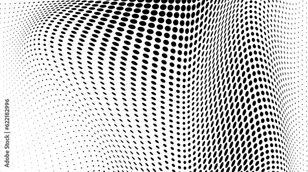 Abstract halftone wave dotted background. Futuristic twisted grunge pattern, dot, circles. Vector modern optical pop art texture for posters, business cards, cover, labels mock-up, stickers layout