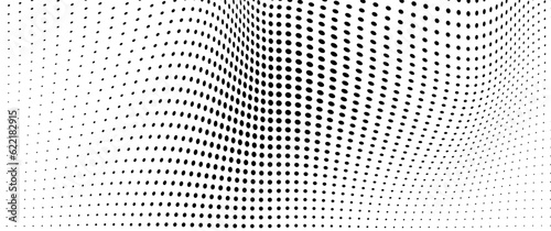 Abstract halftone wave dotted background. Futuristic twisted grunge pattern, dot, circles. Vector modern optical pop art texture for posters, business cards, cover, labels mock-up, stickers layout