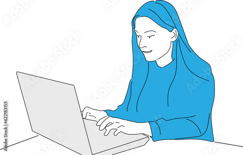 A businesswoman is sitting at a laptop. The girl is surfing the Internet or working at a computer. Vector single line hand drawing sketch illustration.