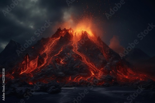 Lava erupts from a volcano. 