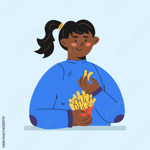 girl eating french fries character in cartoon style