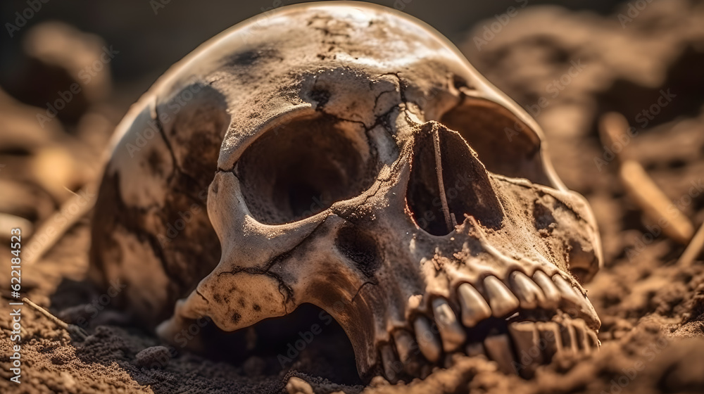 Skull of human was buried in soil . Created by generative AI .