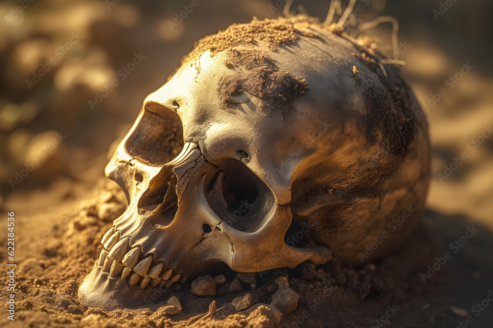 Skull of human was buried in soil . Created by generative AI . Skull of human was buried in soil . Created by generative AI .
