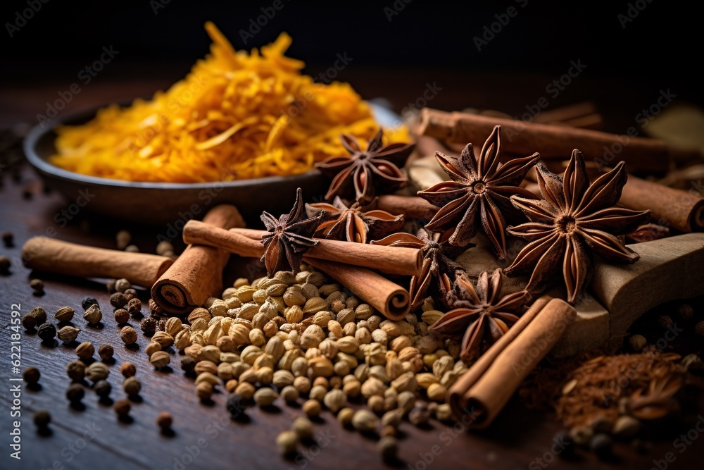 spices scattered on a rustic wooden table - turmeric, cinnamon, cloves, and star anise spices scattered on a rustic wooden table - turmeric, cinnamon, cloves, and star anise