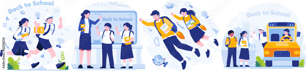Illustration Set of Back to School. Cute School Boy and School Girl. Students are happy to go Back to School. Flat-style vector illustration Illustration Set of Back to School. Cute School Boy and School Girl. Students are happy to go Back to School. Flat-style vector illustration