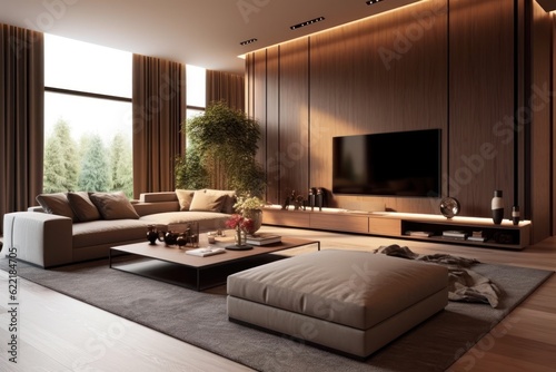 Sleek Living Room Sanctuary with Designer Furniture, High Ceilings, and Elegant Decorative Accents..
