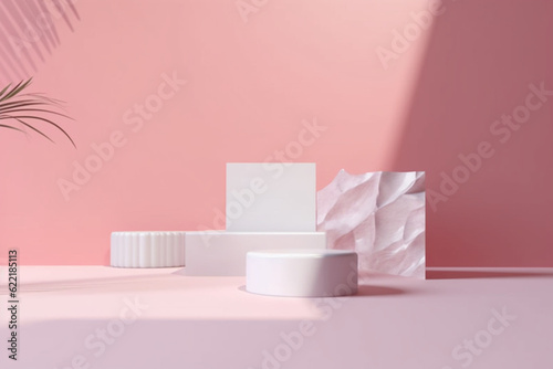 3d studio with geometric shapes, podium on the floor, Platforms, showcase, rock pedestal for product presentation, mock up background, Minimal design, Branding banner for cosmetics product