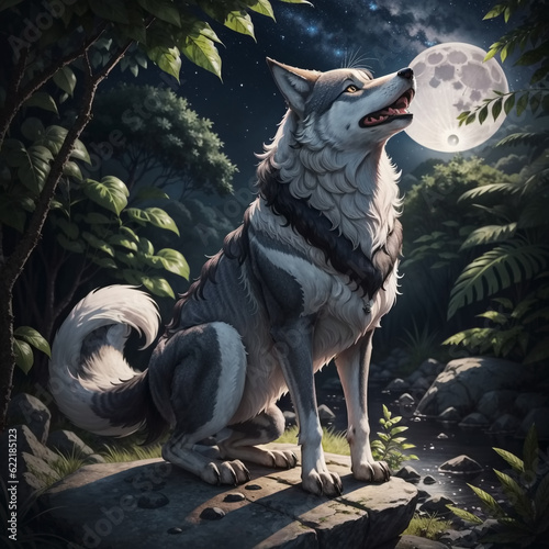 Wolf howling on full moon a...